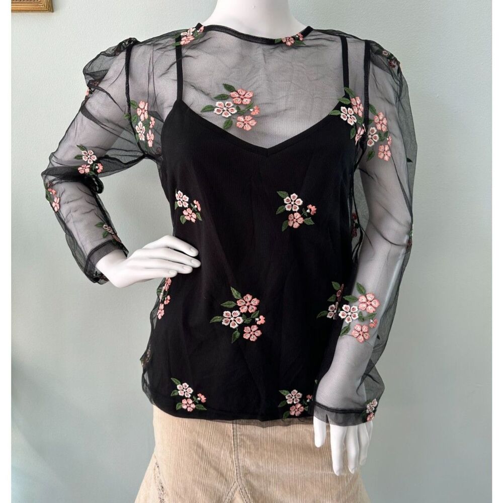 Who What Wear Black Sheer Long Sleeve Floral Embroidery Top Blouse size L